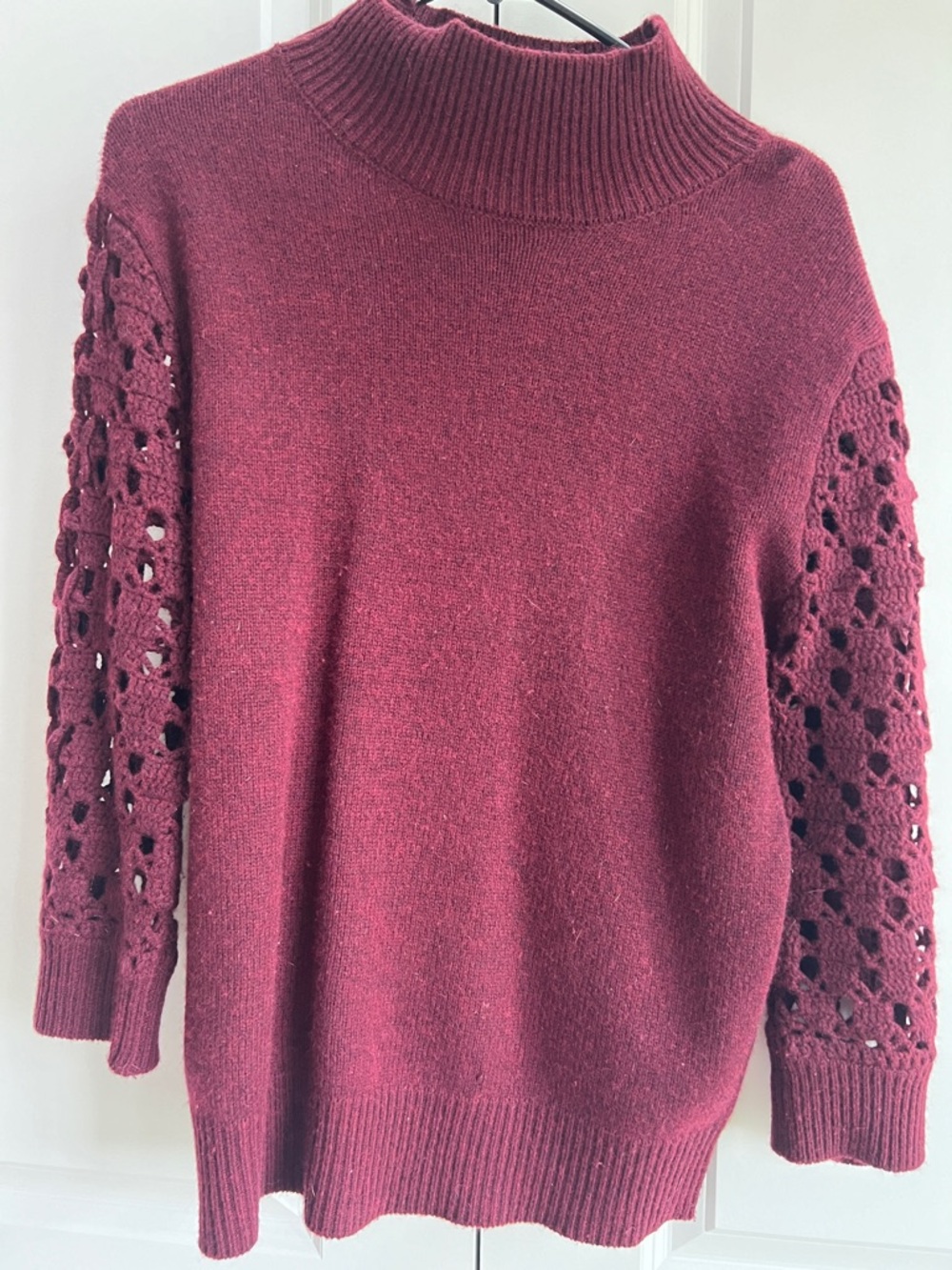 Magaschoni Burgundy Mock Neck Sweater with Eyelet Crochet Sleeves